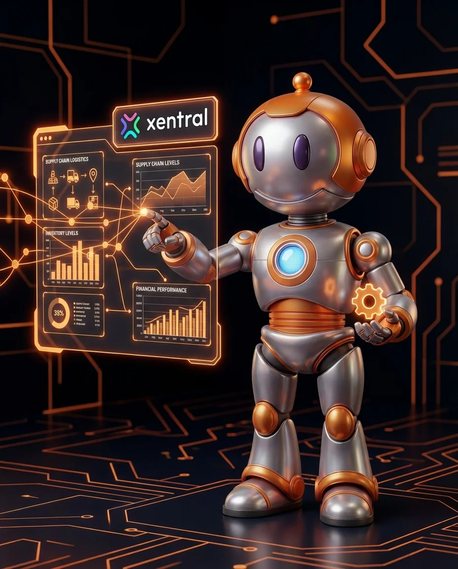 BD-Roboter zeigt auf holografisches ERP-Dashboard mit vernetzten Datenpunkten, Agentic ERP Mittelstand