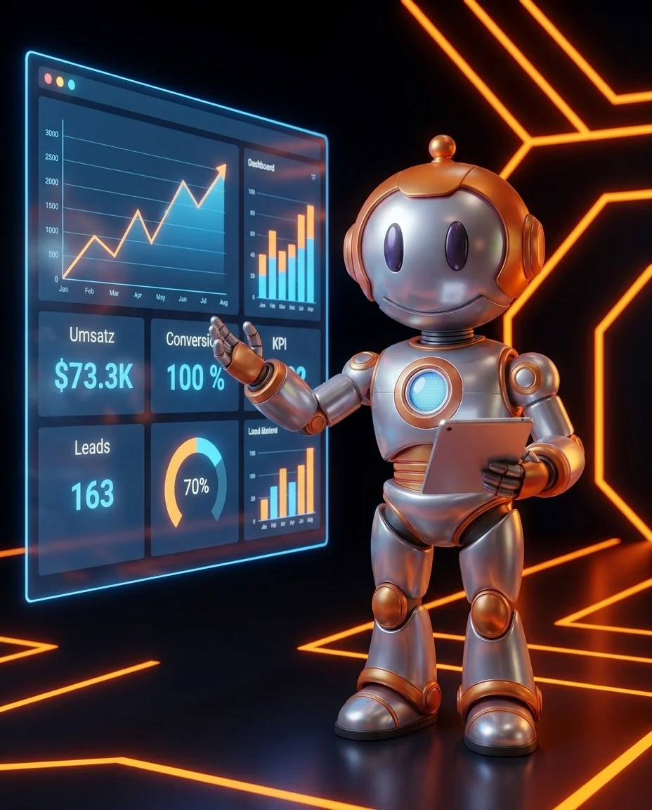 Automatisiertes Reporting für KMU: Roboter zeigt ein KPI-Dashboard mit aktualisierten Kennzahlen