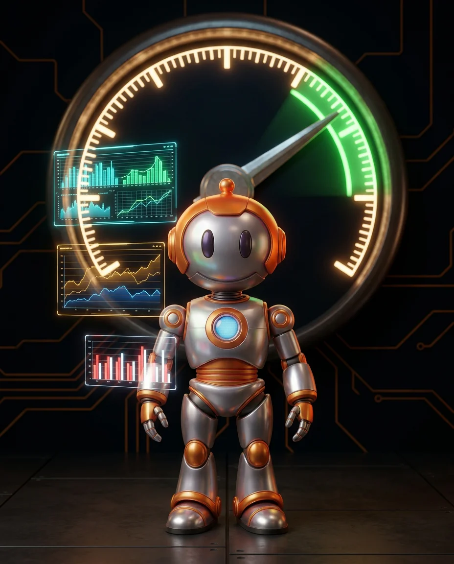 Core Web Vitals verbessern, Roboter analysiert LCP, INP und CLS Performance-Metriken auf einem Display