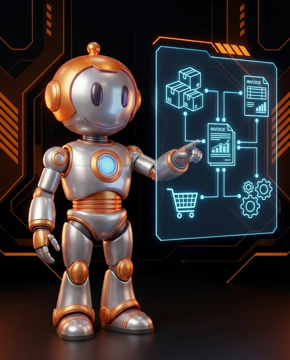Roboter-Charakter mit ERP-Systemdarstellung auf Tablet, symbolisiert ERP-Einführung im Mittelstand