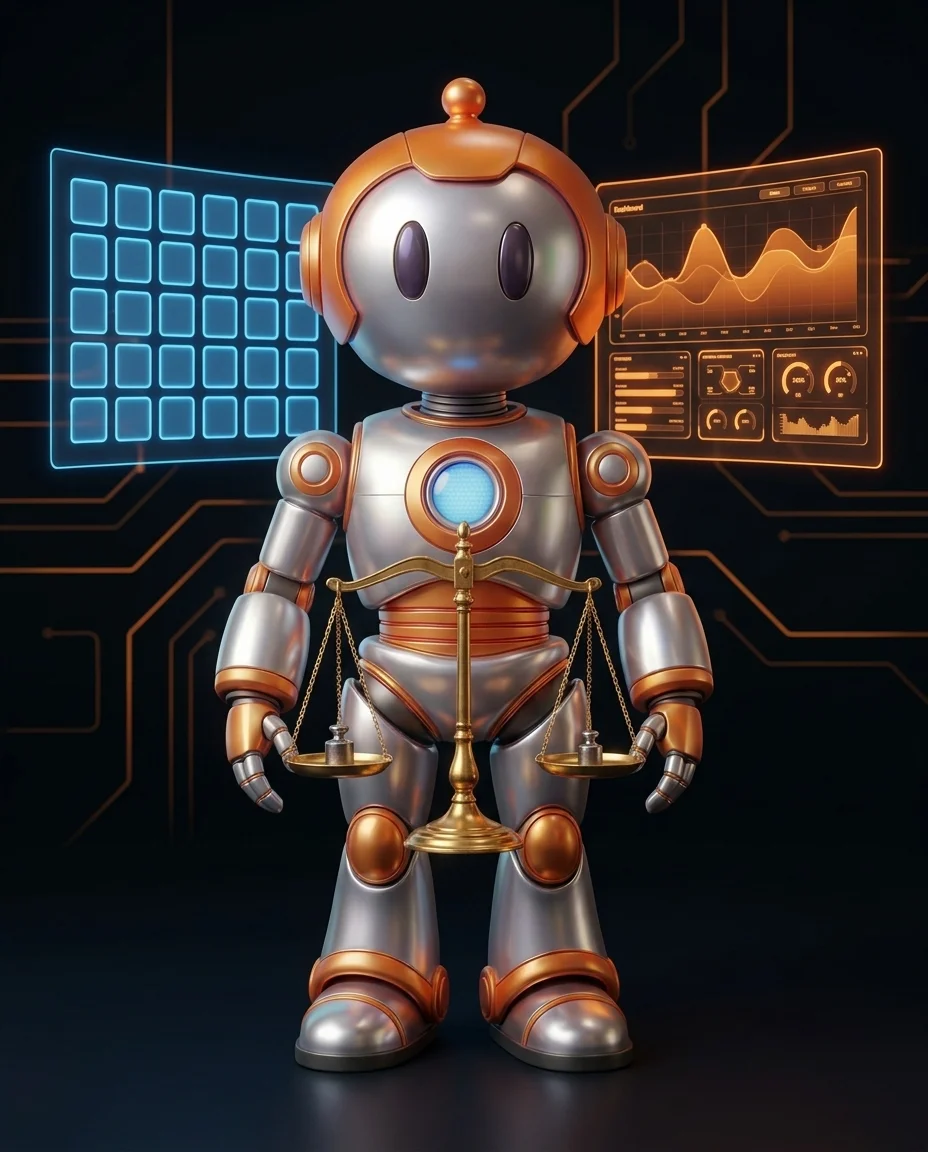 Roboter vergleicht Individualsoftware und Standardsoftware auf einem Display