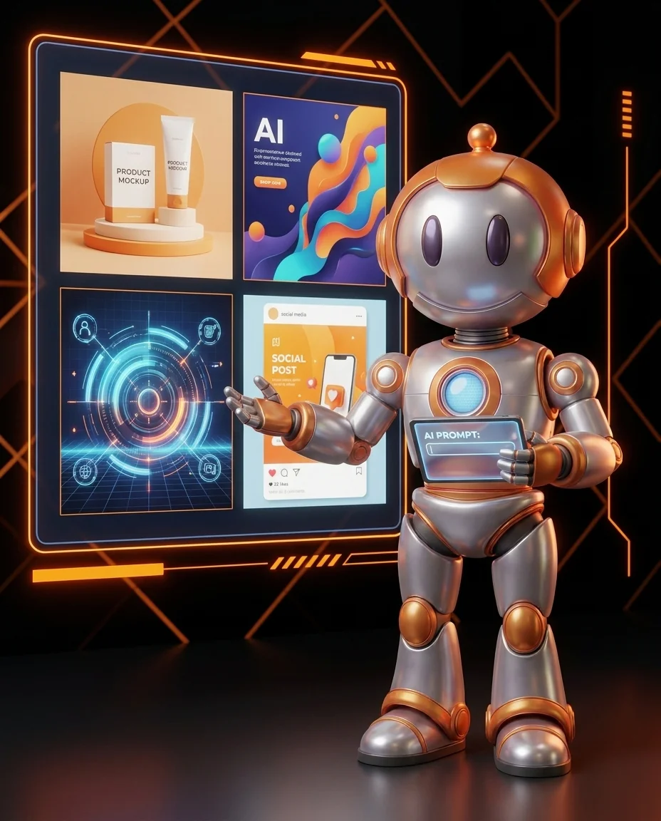 KI-Bildgenerierung für Marketing: Roboter präsentiert generierte Bilder auf Tablet