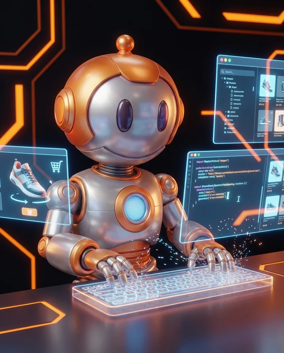 Roboter generiert Produkttexte am Bildschirm mit KI