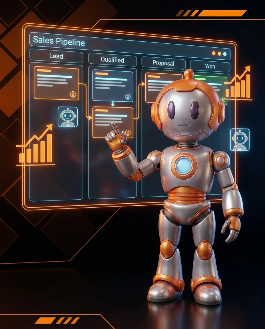 KI-Tools für den Vertrieb: Roboter analysiert eine Sales Pipeline mit KI-Agenten auf einem Dashboard