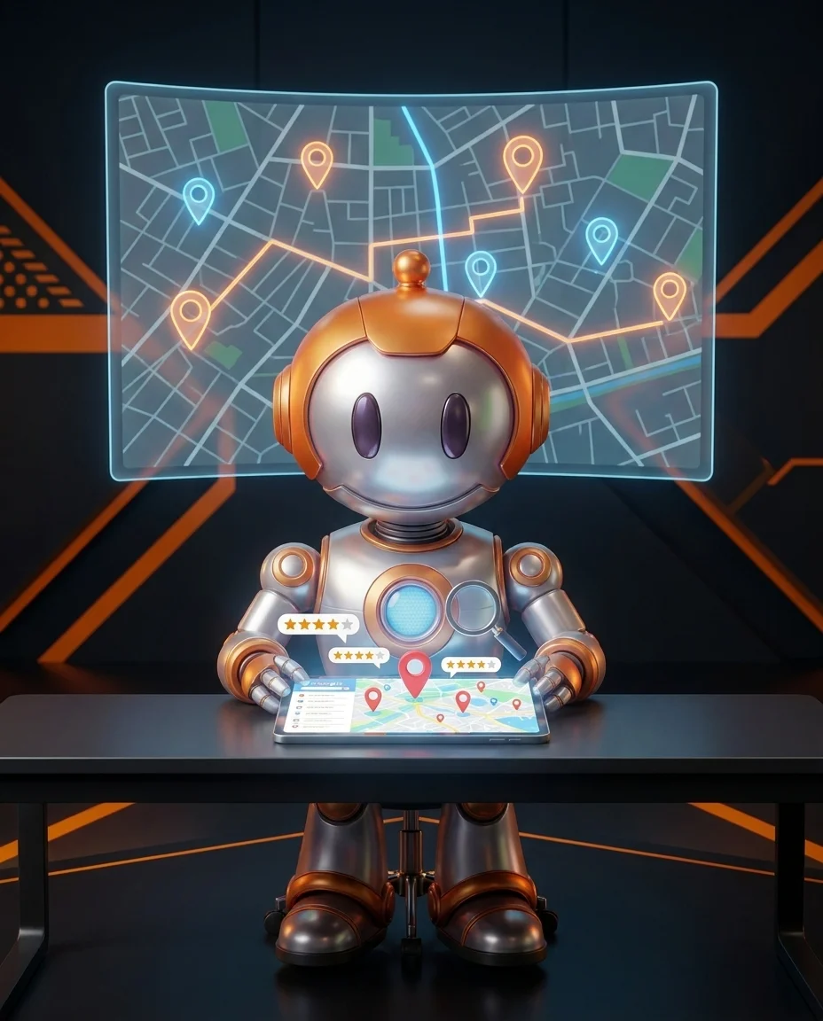 SEO für Dienstleister: Roboter analysiert lokale Google-Suchergebnisse auf einem Tablet