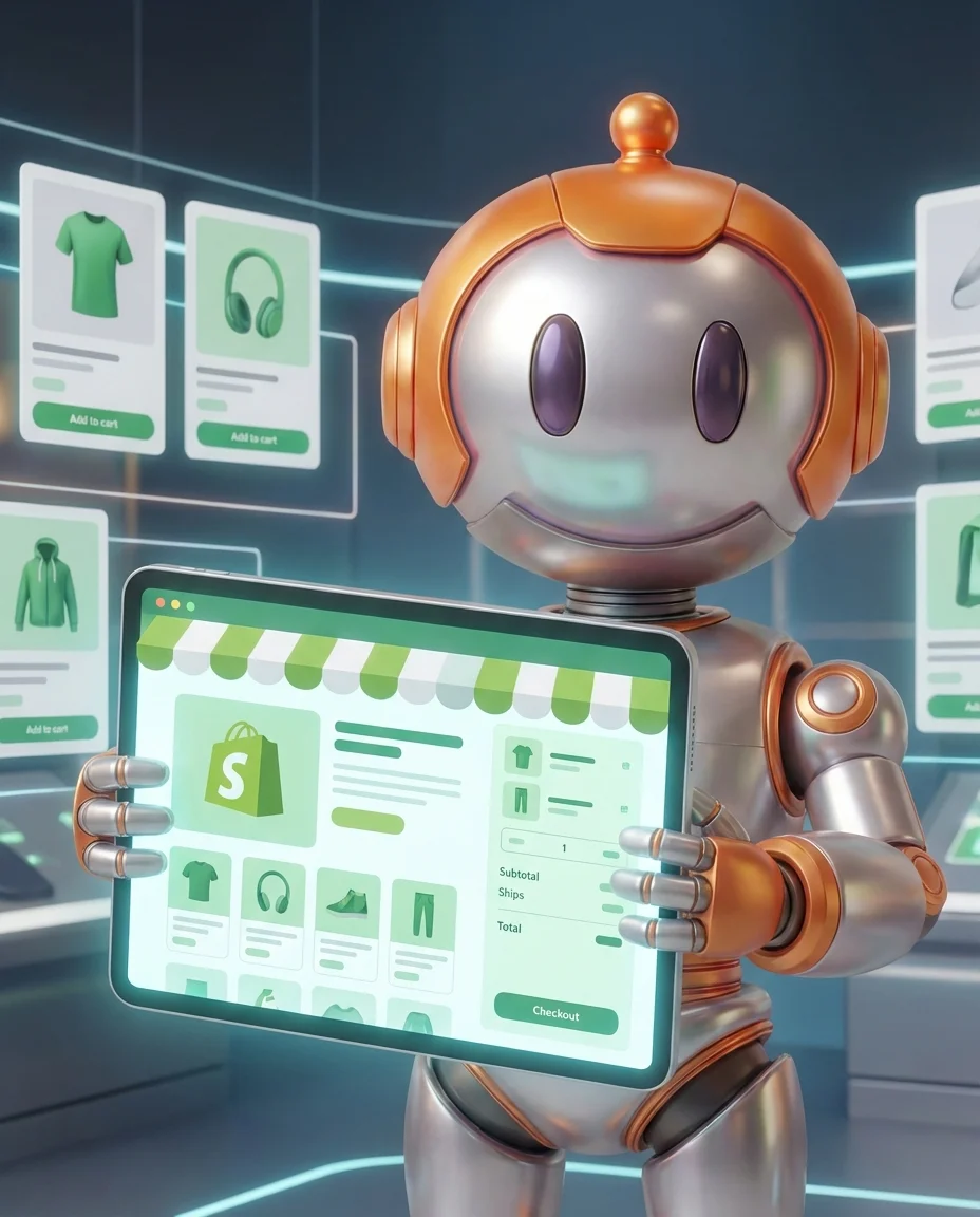 Shopify 2026: BD-Roboter mit Shopify-Interface auf großem Bildschirm
