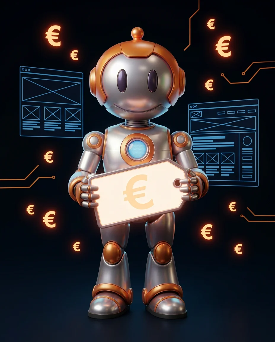 Website Kosten kleines Unternehmen, Roboter hält Preisschild mit Webdesign-Kalkulation